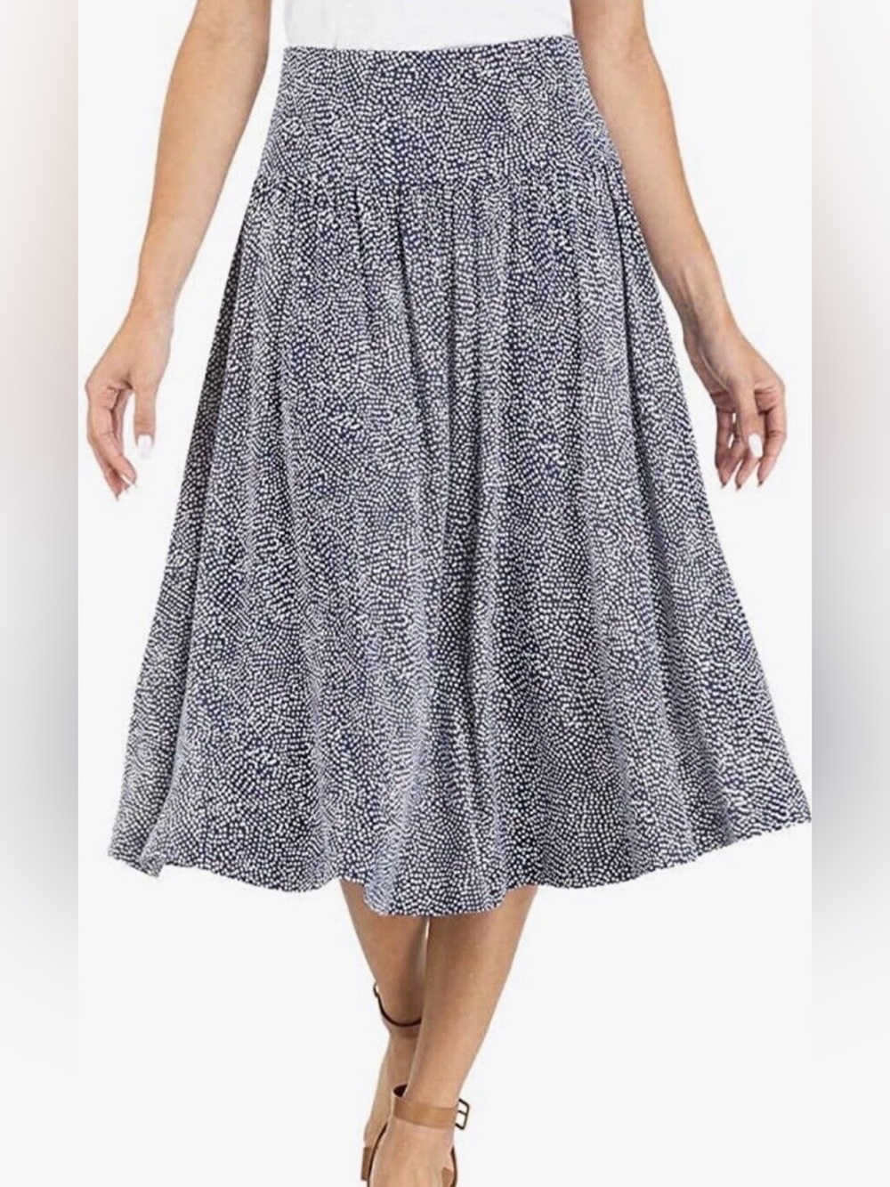 HILARY RADLEY PULL ON MIDI SKIRT MEDIUM NAVY BLUE POLKA DOT ELASTIC WAISTBAND
